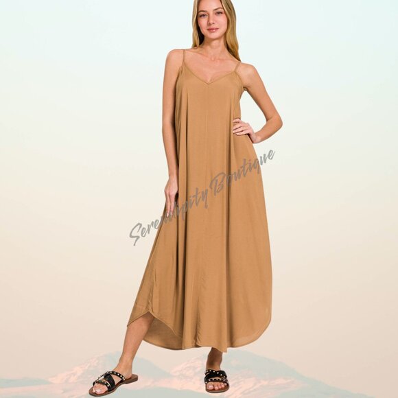 Casual Classy Effortless Everyday Cami Strap Flowy Tea Length Deep Camel Dress - Picture 1 of 8